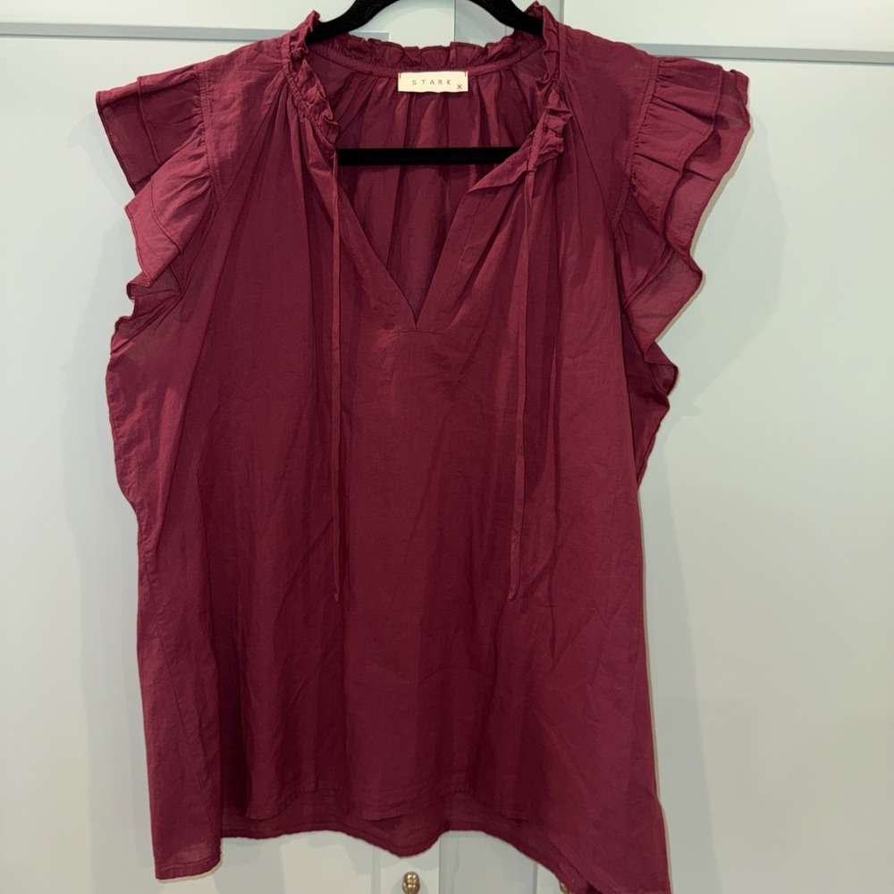 STARK X Women's Blouse Small‎ Ruffle Collar V Neck Wine Cotton Cap SleeveCoastal